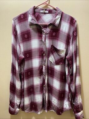 Maurices Maroon and White Plaid Button-Down Flannel Shirt-Large Cozy Fall